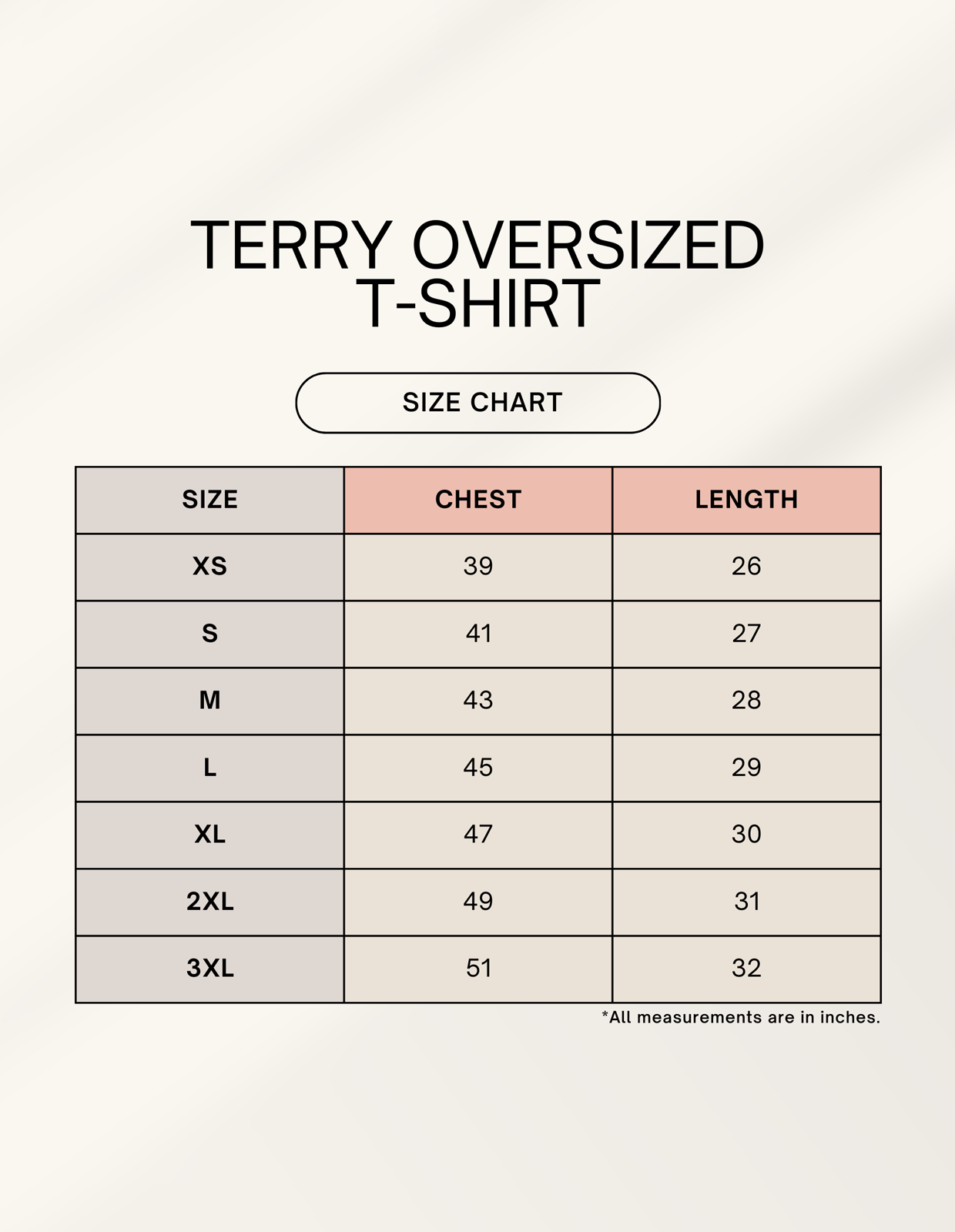 RINOKU Oversized Terry Tee size chart