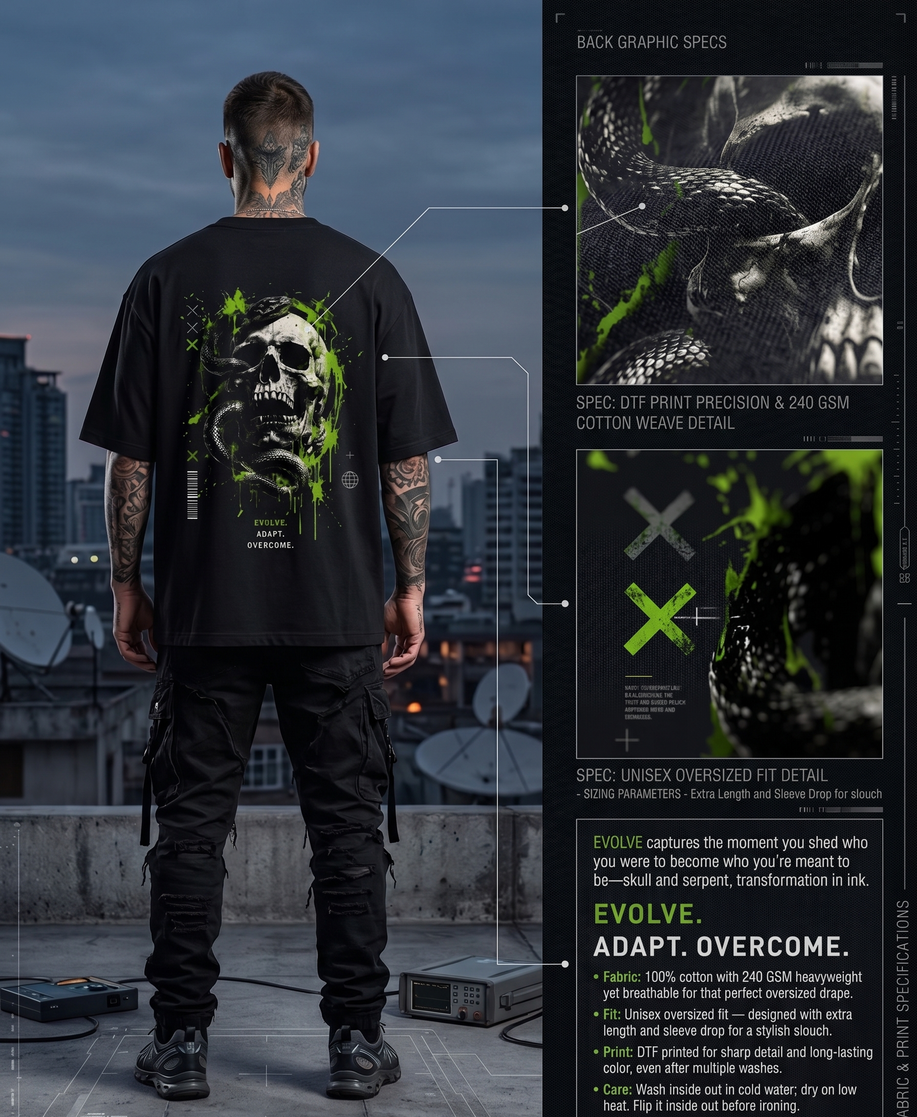 Person wearing a black t-shirt with a graphic design, standing on a rooftop with cityscape background