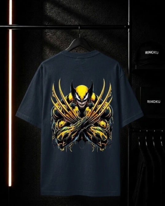 Black t-shirt with a colorful graphic design on a dark background