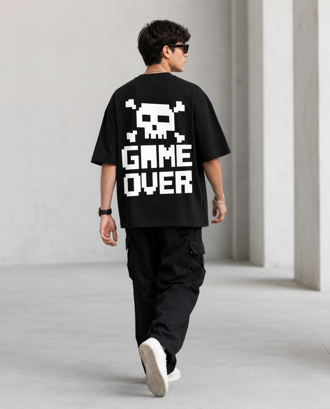 GAME OVER Pixel Skull Oversized Terry T-Shirt