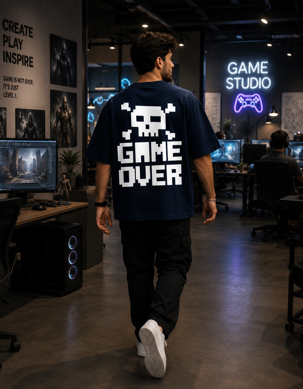 GAME OVER Pixel Skull Oversized Terry T-Shirt