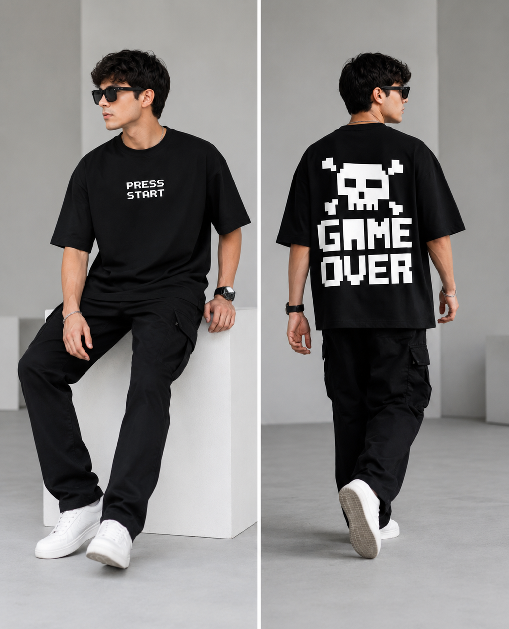 GAME OVER Pixel Skull Oversized Terry T-Shirt