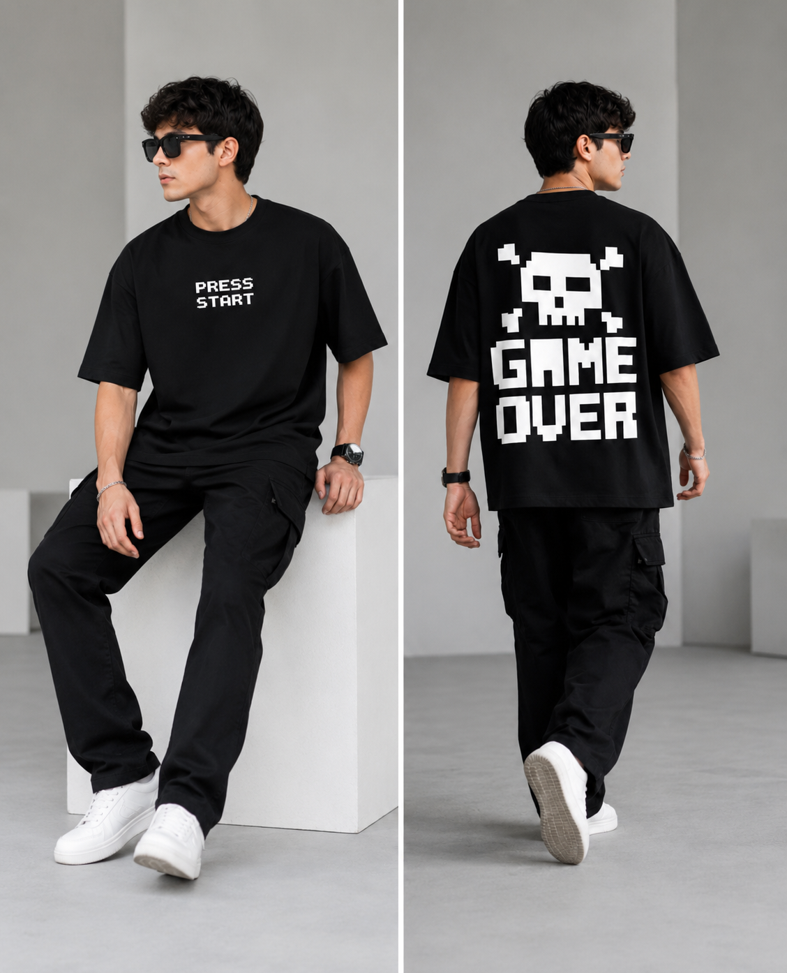 GAME OVER Pixel Skull Oversized Terry T-Shirt