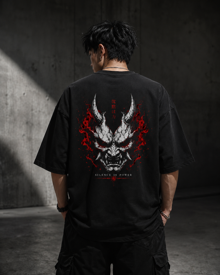 Crimson Eyes Oversized T-Shirt in black, front graphic view — RINOKU