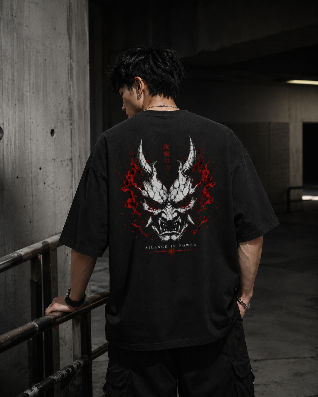 Crimson Eyes Oversized T-Shirt — oversized drop-shoulder fit on model — RINOKU
