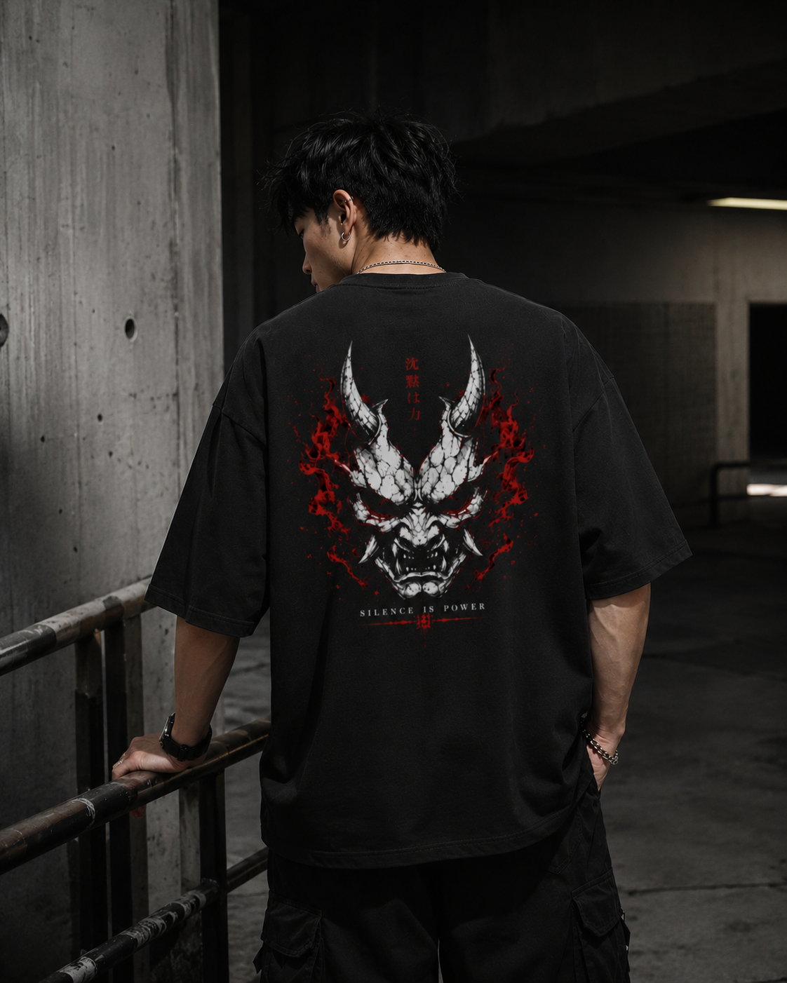 Crimson Eyes Oversized T-Shirt — oversized drop-shoulder fit on model — RINOKU