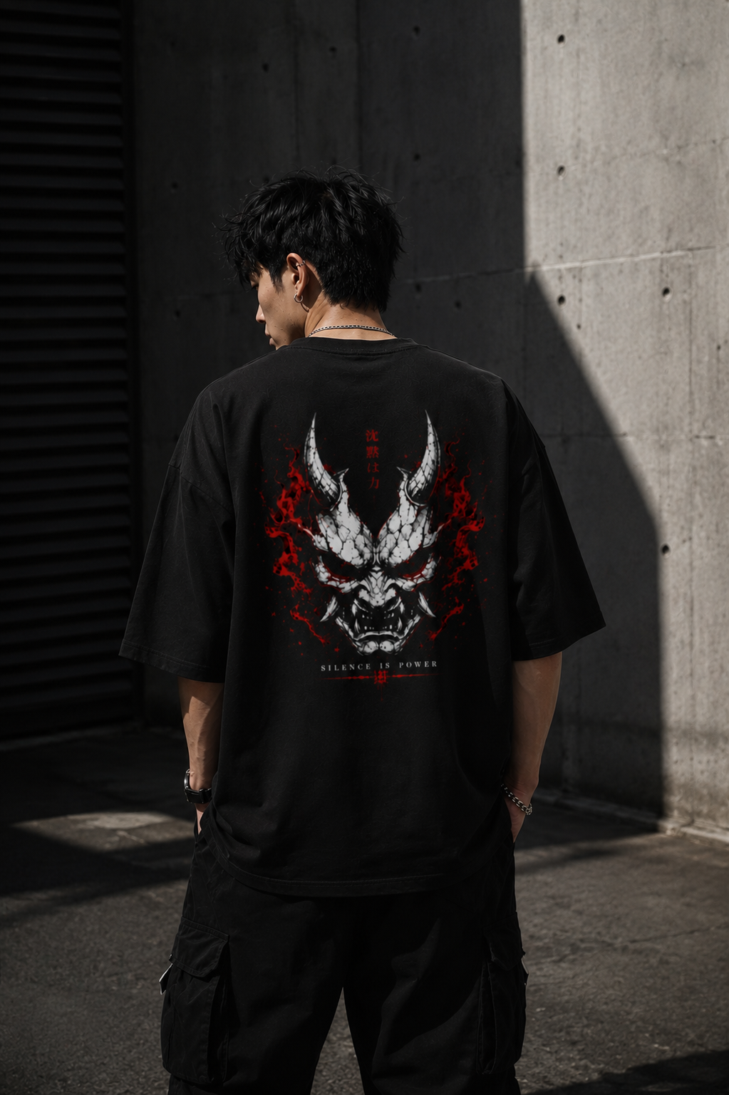 Crimson Eyes Oversized T-Shirt — 260 GSM terry fabric close-up — RINOKU