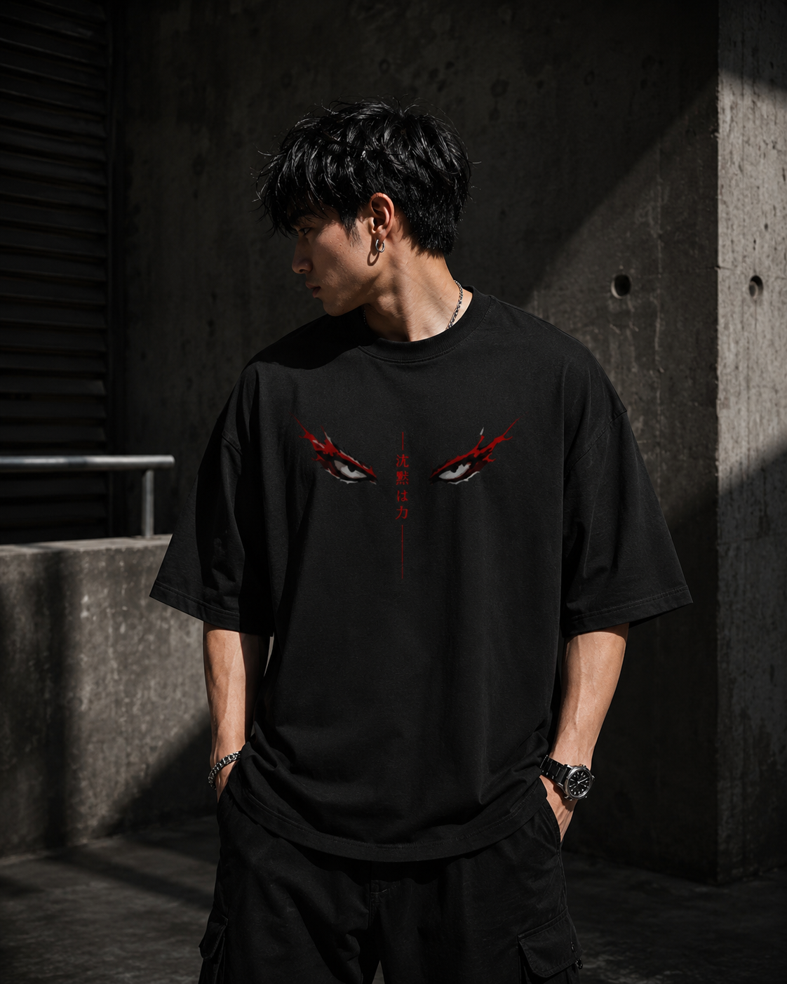 Crimson Eyes Oversized T-Shirt — crimson eyes print detail — RINOKU