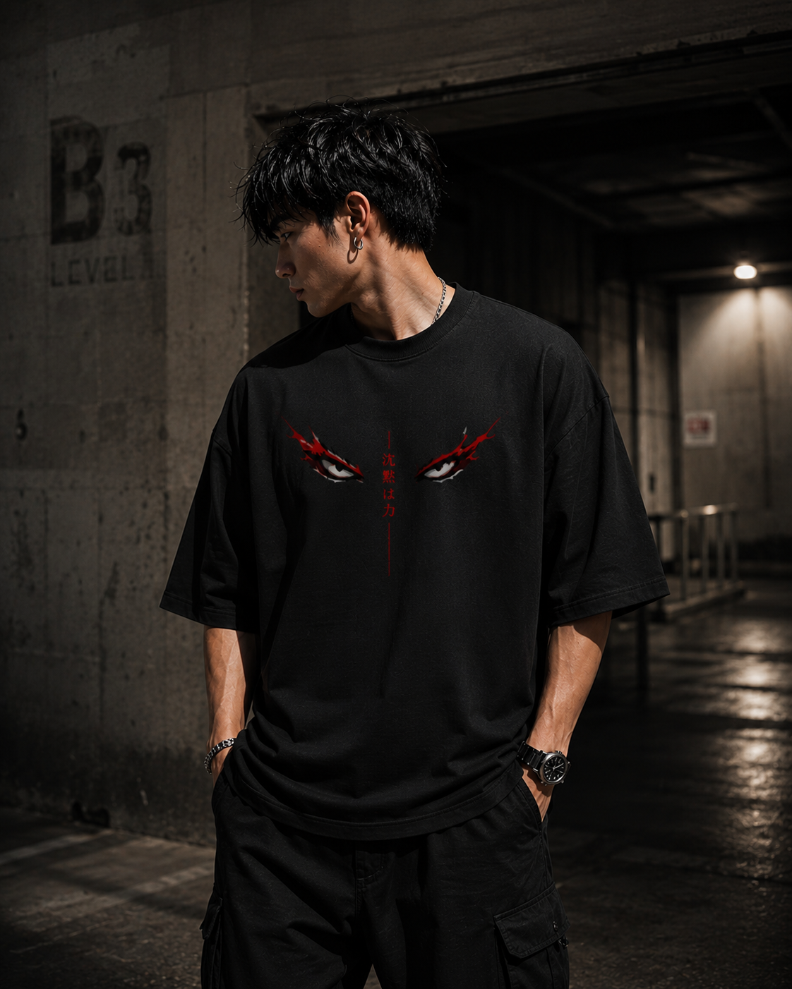 Crimson Eyes Oversized T-Shirt — back view, black terry tee — RINOKU