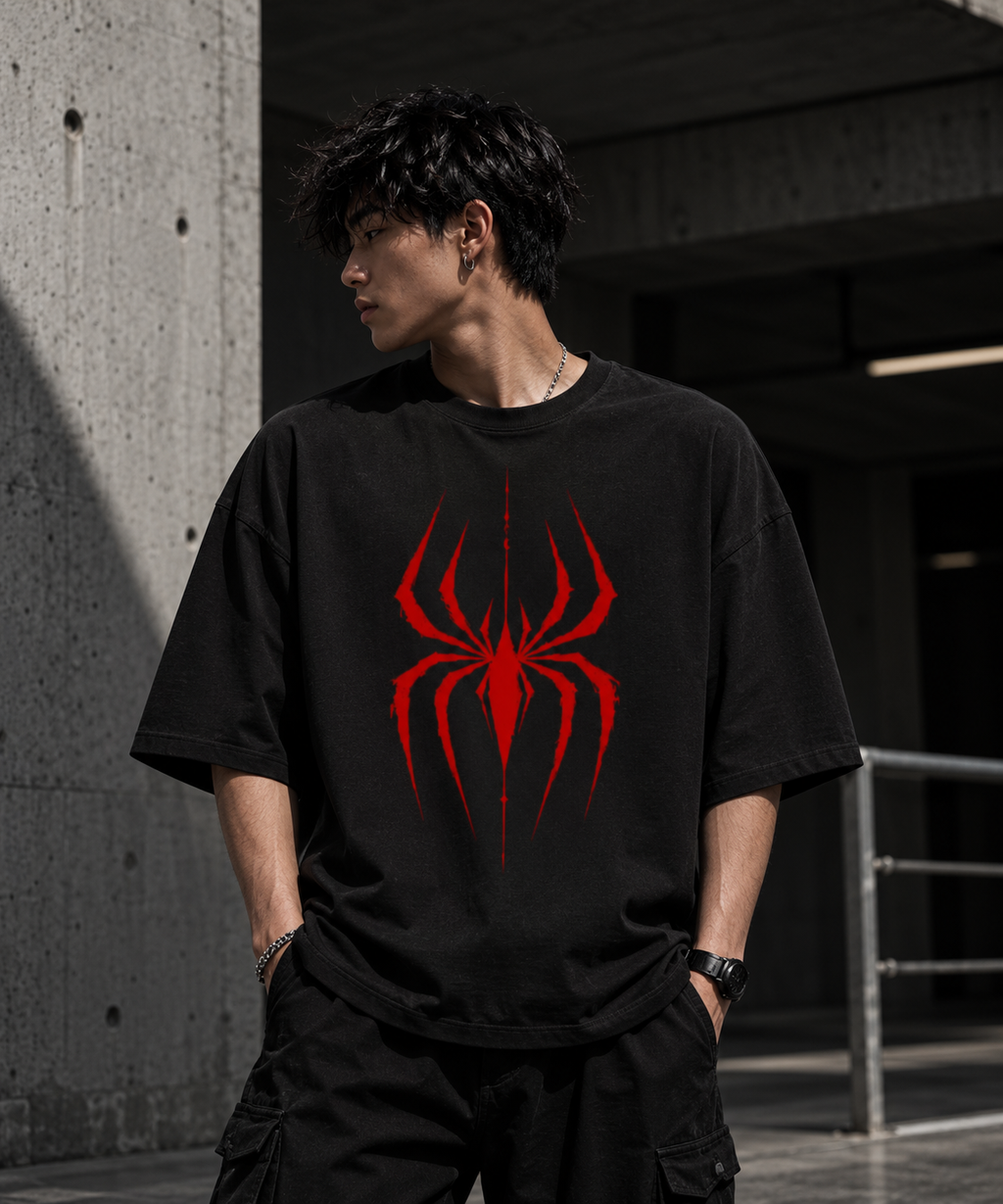 Crimson Spider Oversized T-Shirt — 260 GSM terry fabric close-up — RINOKU