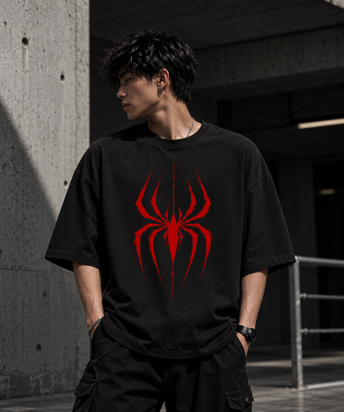 Crimson Spider Oversized T-Shirt — 260 GSM terry fabric close-up — RINOKU
