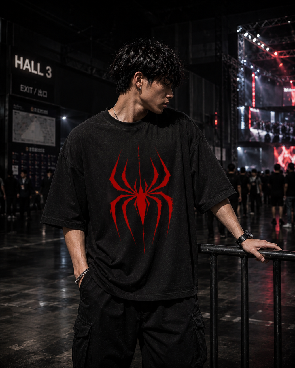 Crimson Spider Oversized T-Shirt — crimson spider print detail — RINOKU