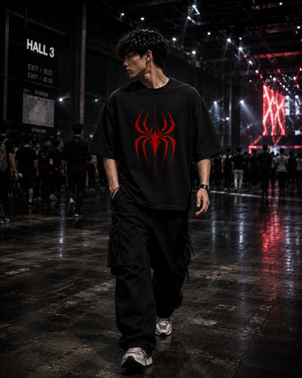 Crimson Spider Oversized T-Shirt — oversized drop-shoulder fit on model — RINOKU