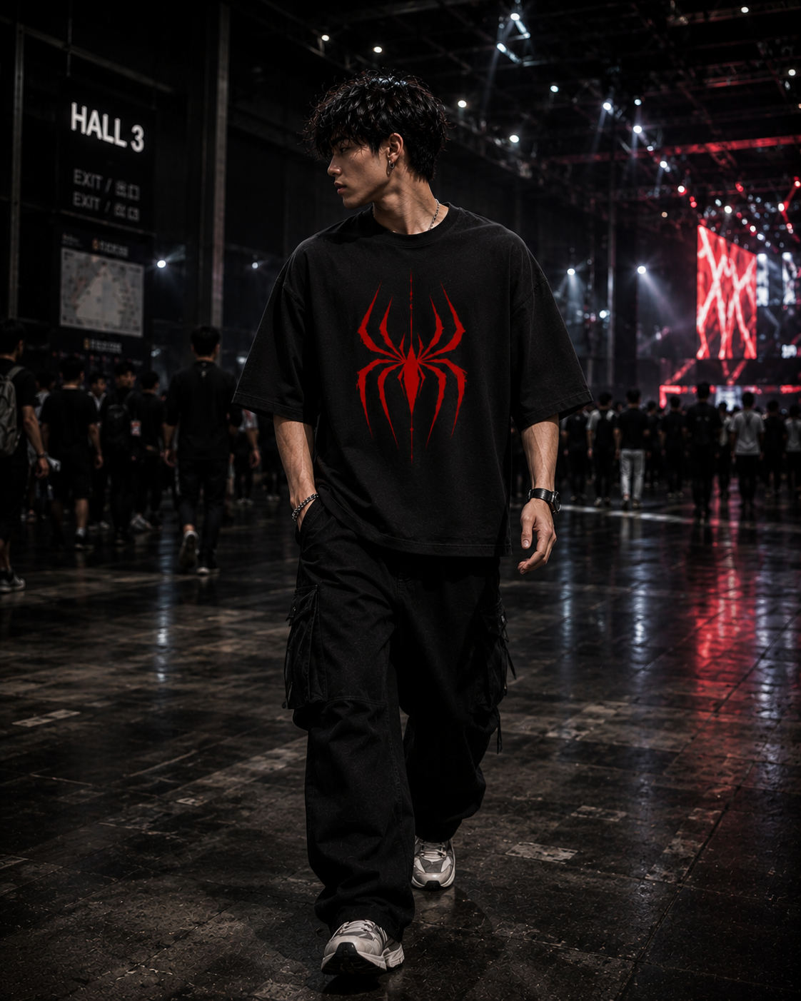 Crimson Spider Oversized T-Shirt — oversized drop-shoulder fit on model — RINOKU