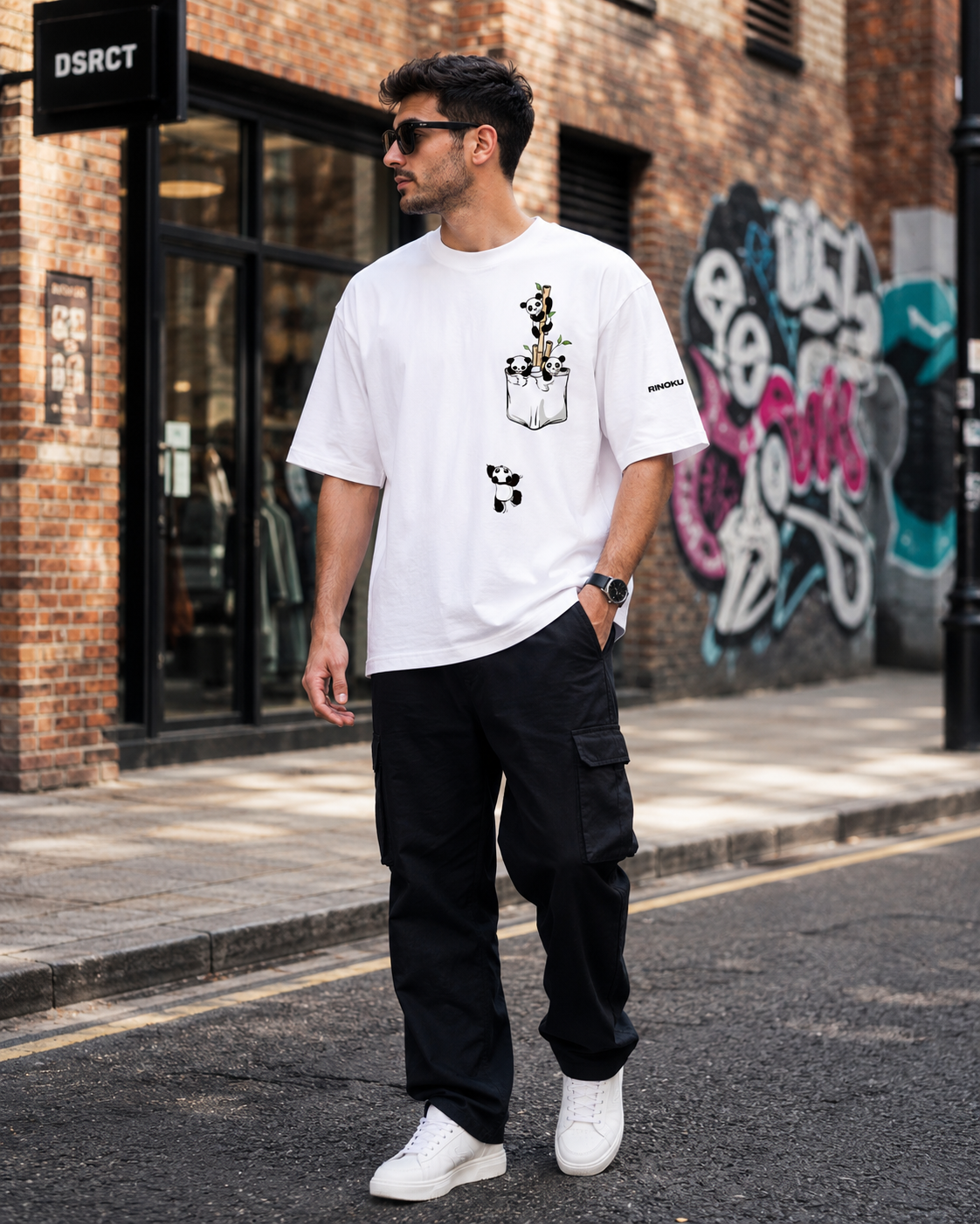 POCKET PANDA White Oversized Tee | RINOKU Cub