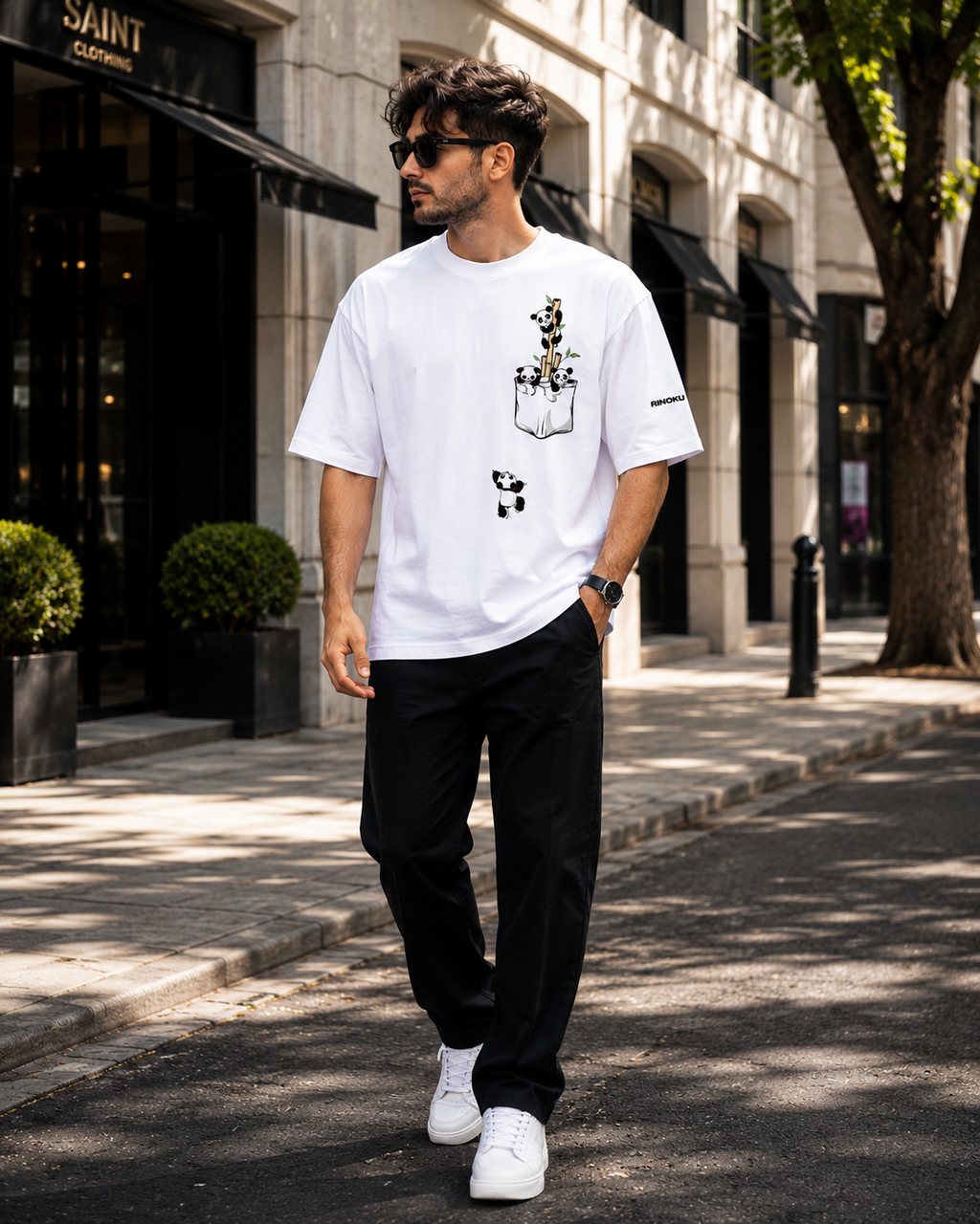 POCKET PANDA White Oversized Tee | RINOKU Cub