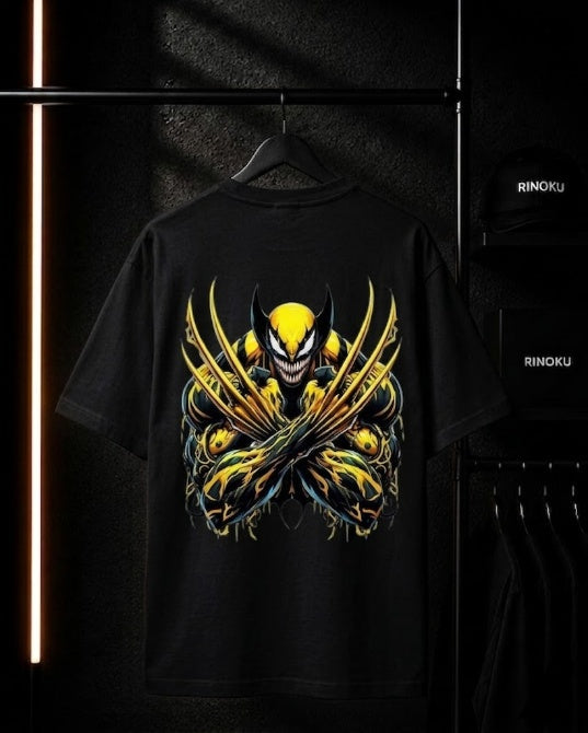 Black t-shirt with a colorful graphic design on a dark background