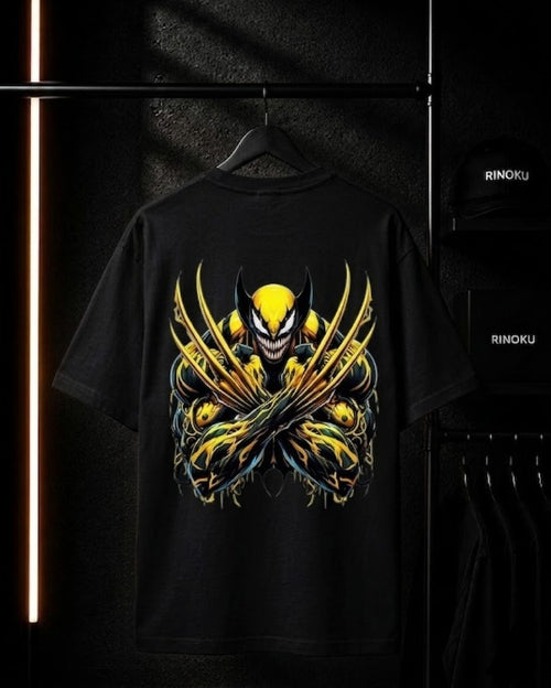 Black t-shirt with a colorful graphic design on a dark background