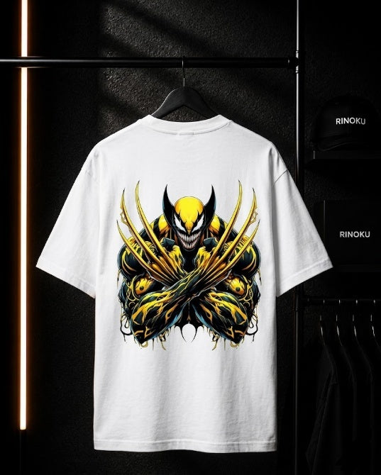 White t-shirt with a colorful graphic design on a dark background