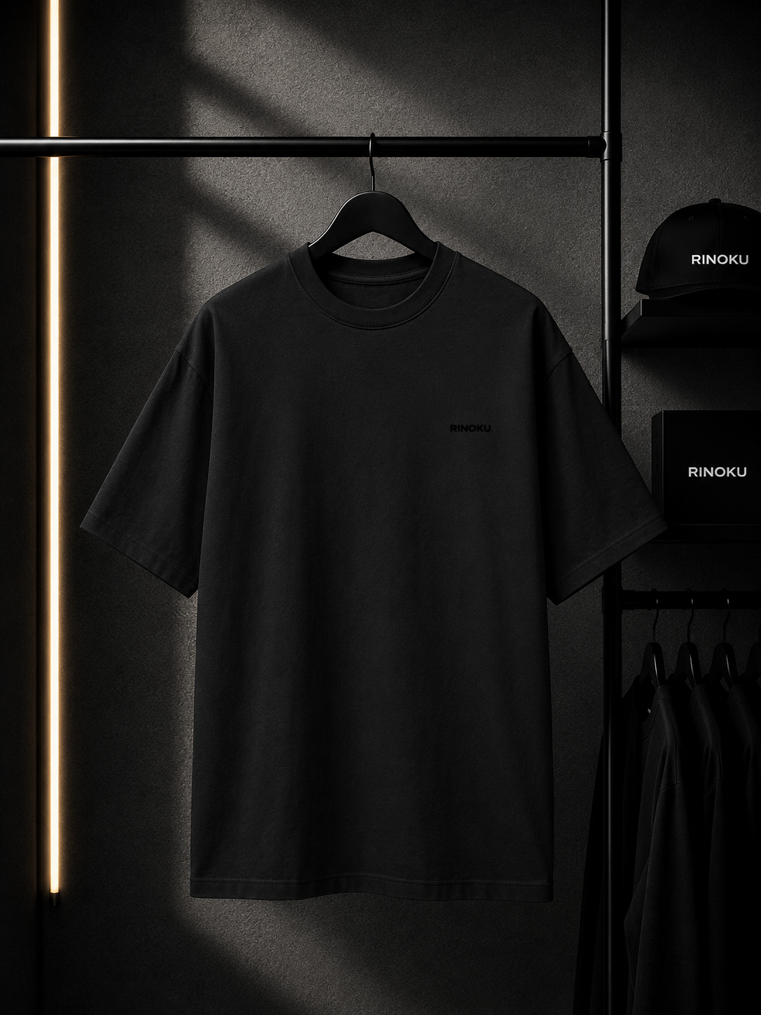 RINOKU Essential Crew t-shirt in black, 180 GSM cotton, front view