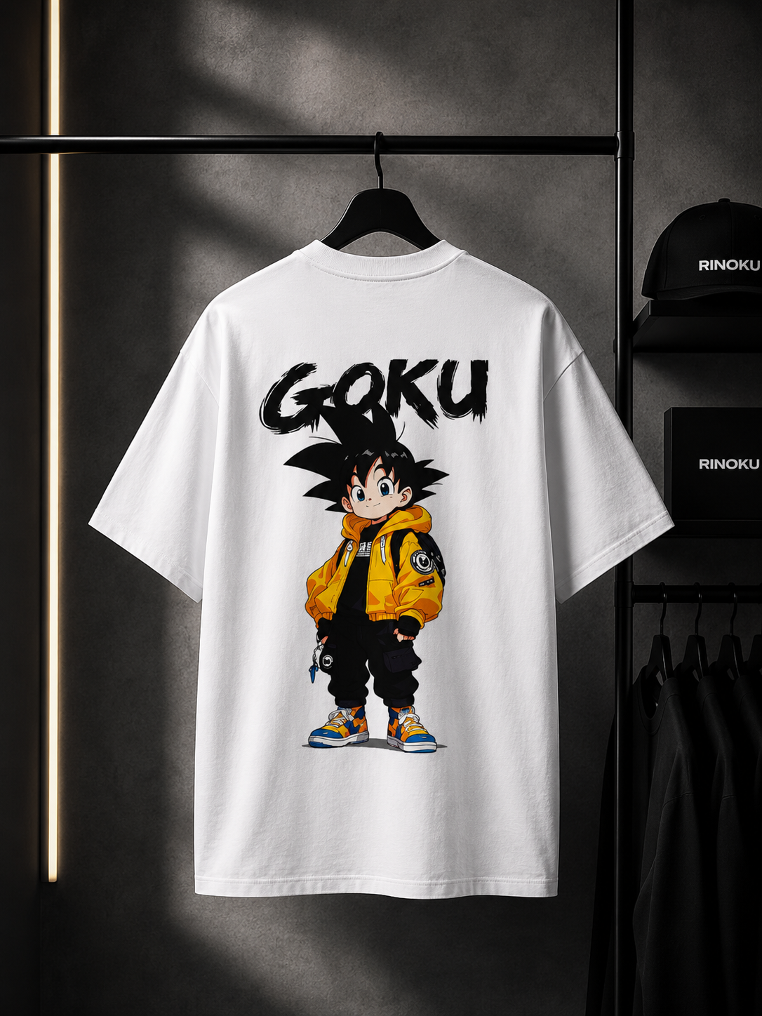 RINOKU Essential unisex t-shirt with Goku anime print, front view