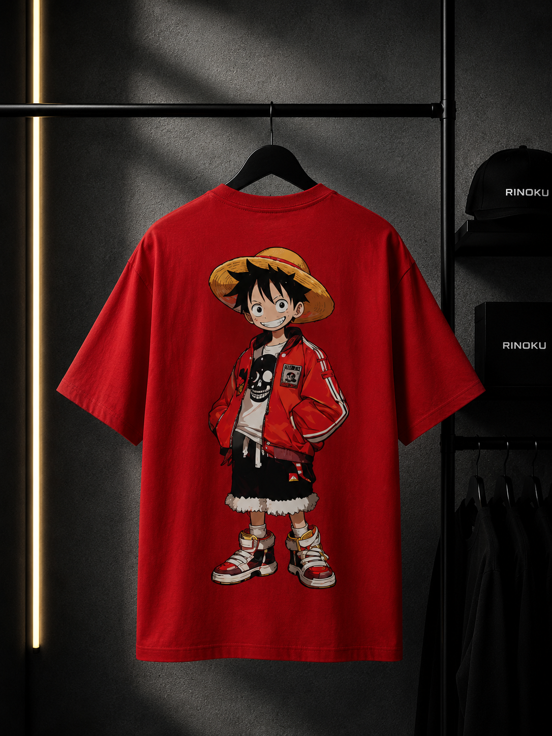 RINOKU Essential Classic tee with Luffy anime back print, 180 GSM cotton